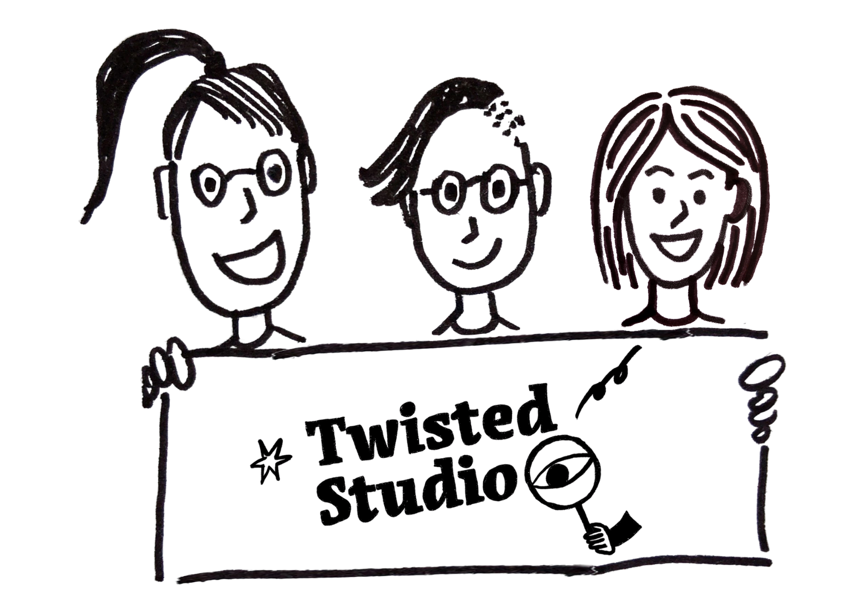 Zwart-wit lijntekening van drie lachende designers die een banner vasthouden met de tekst 'Twisted Studio'